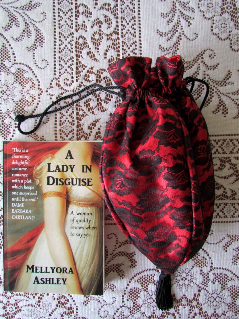 REGENCY RETICULE, BLACK LACE & RED BAG for JANE AUSTEN ERA COSTUMES, + VICTORIAN